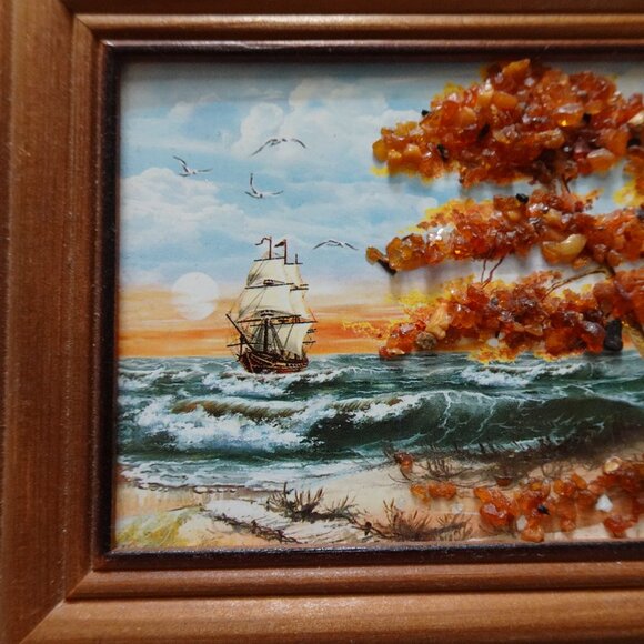 Vintage Miniature Painting Print with Baltic Amber Tree Landscape Ship Seascape - Picture 3 of 8